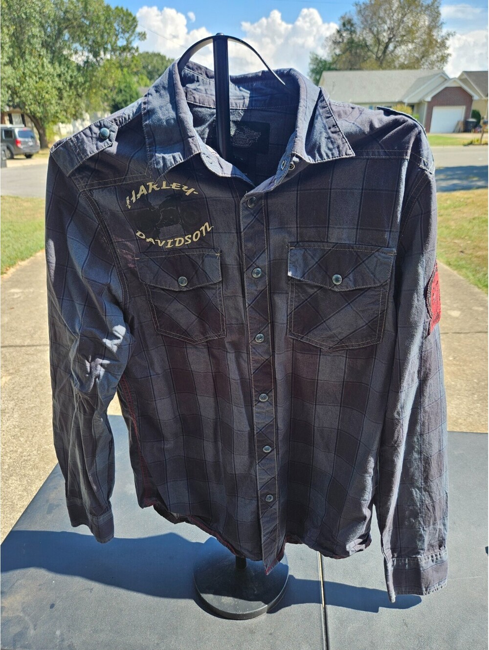 Harley-Davidson Plaid Snap Shirt Men's Medium Blue Plaid Biker Western